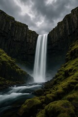 Mighty Sk&oacute;gafoss waterfall cascading into mist under moody Icelandic skies a dramatic Nordic landscape that blends raw power with ethereal beauty