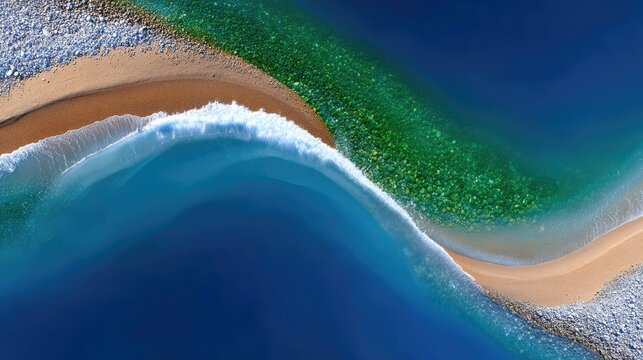 Peaceful Aerial View Of Shallow Water Patterns With Wavy Shoreline Showing Textural Layers Of Blue Brown White and Green In Sunlight