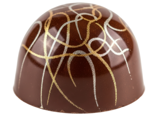 Elegant dome shaped chocolate praline with golden and silver glitter swirls