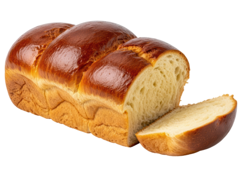 Golden brown sweet bread loaf, partially sliced, displaying soft interior texture.