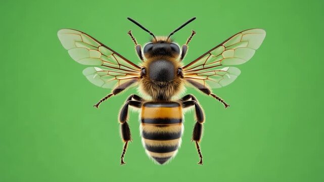 Close up of a bee with wings spread against a green background in detailed macro photography bee green screen video