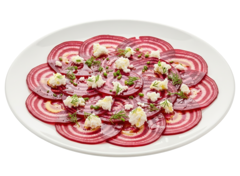 Vibrant beet carpaccio with crumbled cheese and fresh herbs