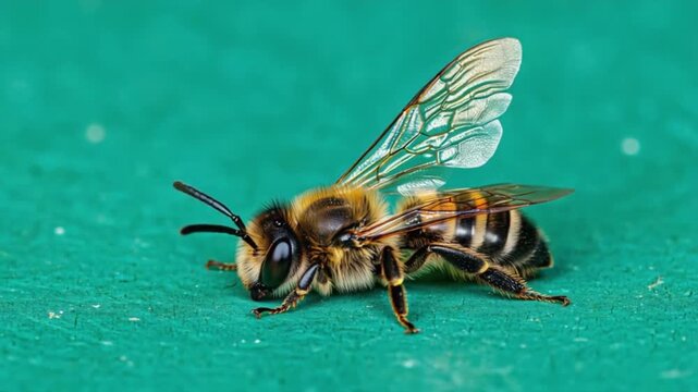 Close up of a bee with translucent wings resting on a blue green textured surface in sharp focus bee green screen video