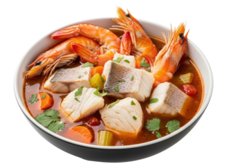 Hearty seafood soup with fresh shrimp and white fish fillets in rich broth