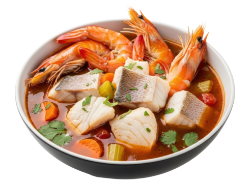 Hearty seafood soup with fresh shrimp and white fish fillets in rich broth