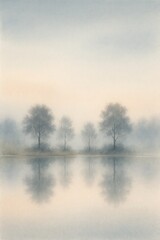 Fototapeta premium Serene watercolor dawn at a misty forest lake with subtle reflections and pastel sky inviting calm and contemplation in nature