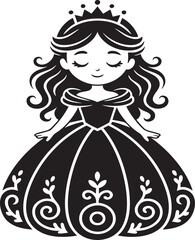 Estores personalizados infantiles con tu foto A stylized, black and white silhouette of a young princess wearing a crown and a detailed, ornate ballgown. Her eyes are closed.