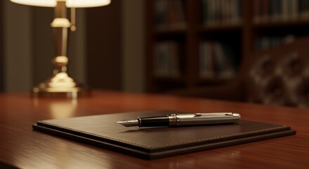 Professional Fountain Pen and Leather Desk Pad on a Polished Wooden Surface