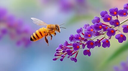 Macro photograph of a wild honey bee with striped abdomen and transparent wings hovering near a cluster of vibrant purple flowers with soft blue and green bokeh background in natural daylight