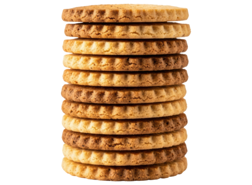 Stack of golden brown shortbread cookies with ridged edges, a delicious sweet treat.
