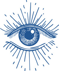 Eye sketch hand drawn style with radiating lines and detailed iris — stock vector