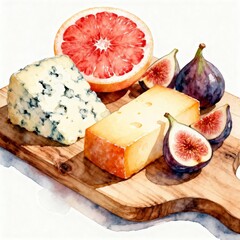 Watercolor cheese and fruit platter on a wooden board