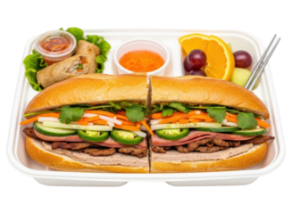 Vietnamese banh mi sandwich meal with spring rolls and fresh fruit