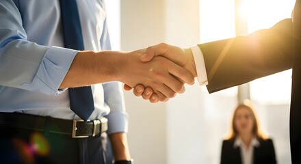 Welcome to the team or a new client. A warm professional greeting expressed through a firm business handshake.