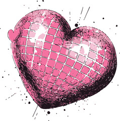 Pink heart disco ball sketch, hand drawn style with splatter effect — stock vector