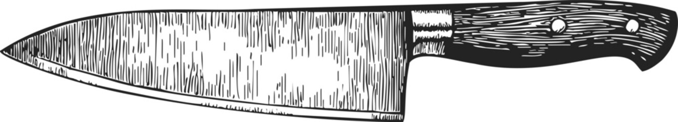 Chef's knife sketch, hand drawn kitchen utensil with wood handle and detailed blade — stock vector