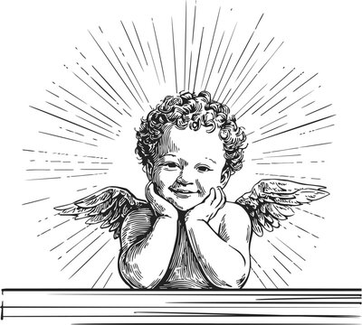 Cherub sketch hand drawn angel with curly hair and wings resting on hands &mdash; stock vector