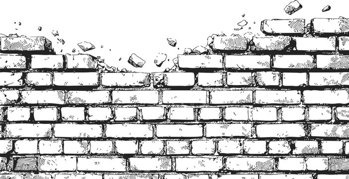 Broken brick wall sketch, hand drawn style with crumbling bricks and debris &mdash; stock vector