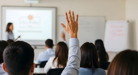 Active participation in an educational setting. A hand is up among a seated group of people, ready to contribute to the discussion.