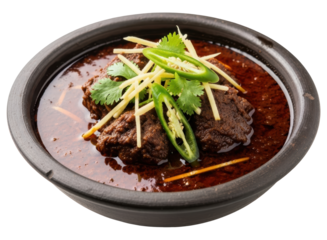 Rich and flavorful meat curry served in a rustic bowl, garnished with fresh ginger and chili.
