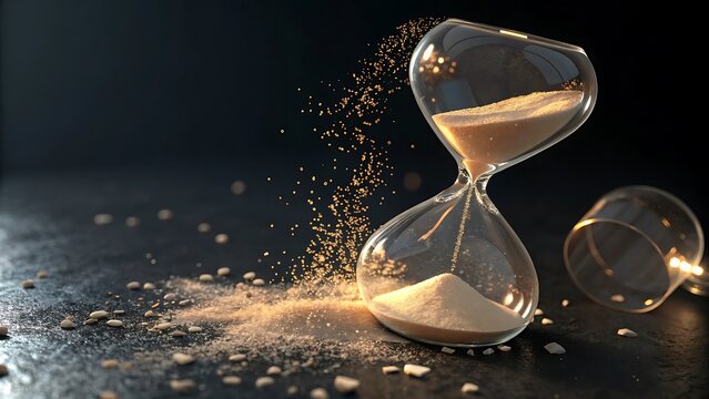 A close up of an hourglass with sand flowing and another broken one on a dark surface behind it - Powered by Adobe