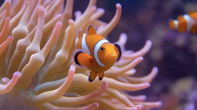 Clownfish swimming among pink sea anemone tentacles displaying vibrant orange and white colors