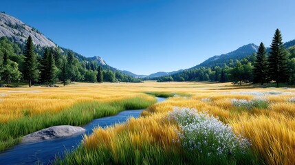 Serene Alpine Meadow Under Clear Blue Sky with a Winding Stream Through Golden and White Wildflowers and Lush Green Forested Mountains