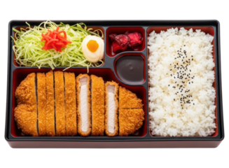 Delicious japanese tonkatsu bento box with crispy pork cutlet and rice