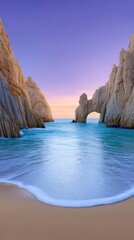 Dramatic Rocky Coastline Arch at Sunset with Turquoise Ocean Waves and Sandy Beach Under a Violet and Orange Sky