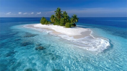 Idyllic Remote Tropical Island Paradise With Lush Green Palm Trees White Sand Beach Turquoise Ocean Water Clear Blue Sky Sunny Day Serene Coastal Scenery