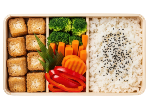 Delicious japanese bento box with fried tofu, fresh vegetables, and sesame rice