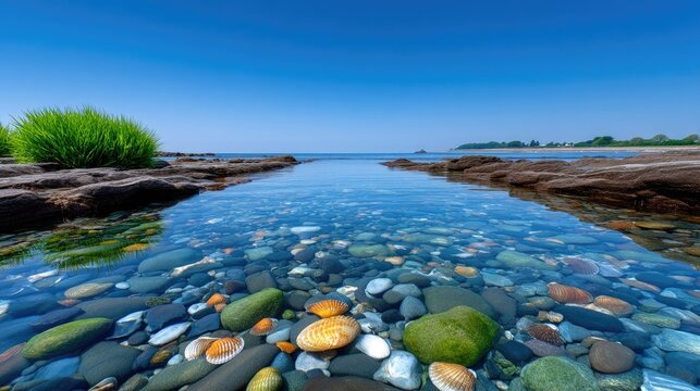 Crystal clear shallow ocean water reveals colorful pebbles and rocks on a rocky shoreline under a bright blue sky on a sunny day