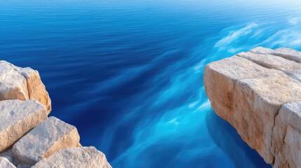 Rugged Rocky Outcrop Meets Expansive Azure Ocean Under Bright Sunlight Casting Shadows on Textured Stone Surfaces
