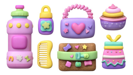 Colorful Plastic Toys and Accessories in Pastel Shades on Transparent Background