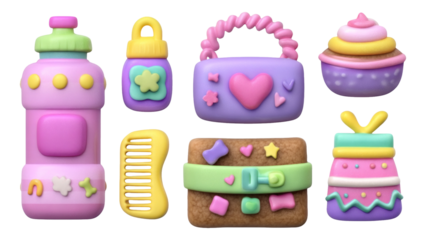 Colorful Plastic Toys and Accessories in Pastel Shades on Transparent Background