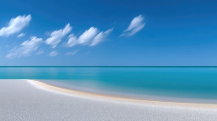 Serene Tropical Shoreline With White Sand And Turquoise Ocean Under A Clear Blue Sky With Wispy Clouds Minimalist Landscape