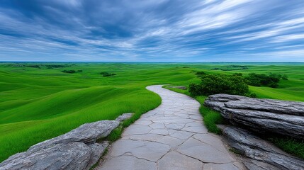 Stone Pathway Through Lush Green Landscape Under a Vast Blue Sky with Wispy Clouds in Daylight