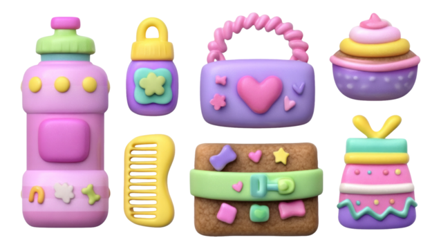 Colorful Plastic Toys and Accessories in Pastel Shades on Transparent Background