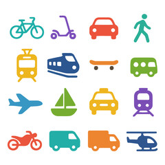 Naklejka premium Transportation Icons: A vibrant array of transportation icons showcases diverse modes of travel, symbolizing movement and mobility across land, sea, and air.