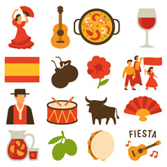 Fiesta of Spanish Culture: A vibrant collection of Spanish cultural icons, celebrating the country's rich traditions, from flamenco dance to culinary delights.