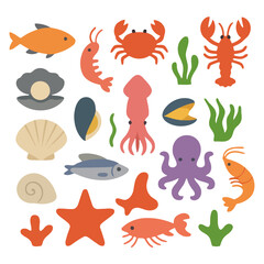 Naklejka premium Ocean's Bounty: A vibrant assortment of marine creatures arranged in a whimsical display, each a testament to the ocean's captivating diversity.