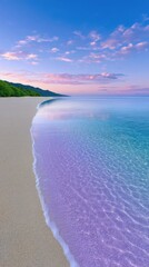 Tranquil Tropical Beach Dawn Sky With Soft Pink Clouds Reflecting On Sparkling Turquoise Ocean Waves And Pebble Shoreline