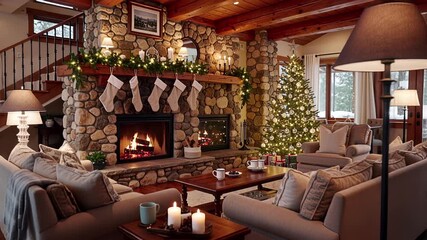 cozy christmas living room fireplace, stockings, decorated tree, warm festive ambiance | christmas, holiday, home, family, winter theme