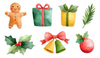 Watercolor Christmas Elements with Gingerbread Man, Gifts, and Holiday Decorations