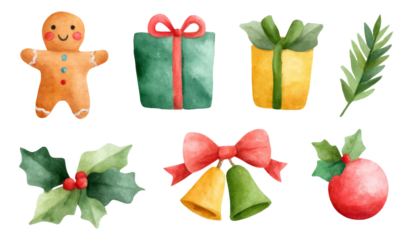 Watercolor Christmas Elements with Gingerbread Man, Gifts, and Holiday Decorations