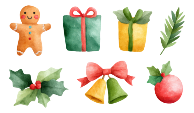 Watercolor Christmas Elements with Gingerbread Man, Gifts, and Holiday Decorations