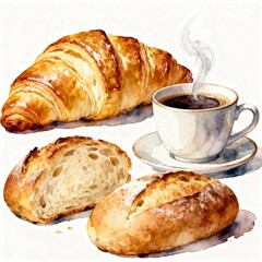 Watercolor cup of coffee with croissant and bread