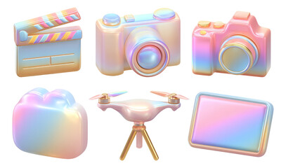 Colorful Abstract Icons of Camera, Drone, and Film Slate on Transparent Background