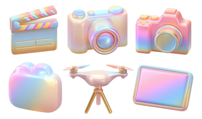 Colorful Abstract Icons of Camera, Drone, and Film Slate on Transparent Background