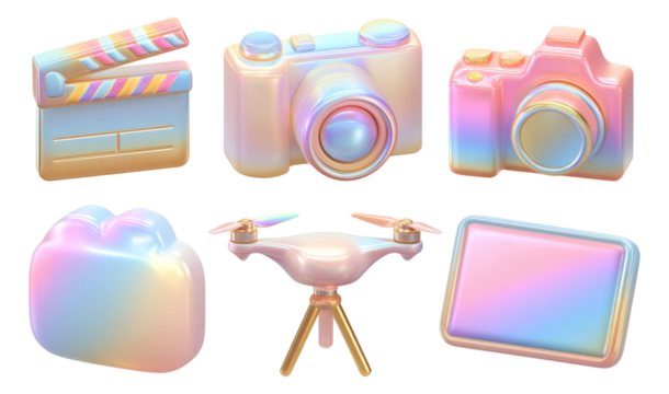 Colorful Abstract Icons of Camera, Drone, and Film Slate on Transparent Background